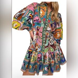 BNWT Summer Short Dress for Women Puff Sleeves Floral Printed Button Down